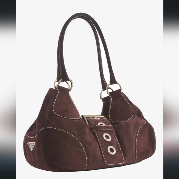 PRADA Borsa a Spalla in Crosta Caffè Suede circa Y2K - Picture 1 of 8
